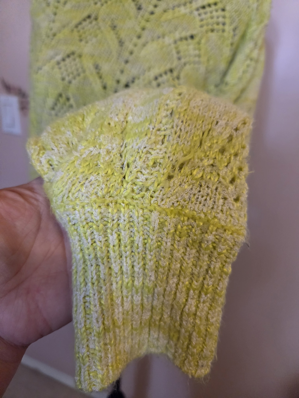 Cleo Open-Knit Crewneck Sweater in Green & Yellow Size Large - Picture 6 of 8